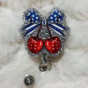 Patriotic USA Flag 4th cherry Bow coquette Retractable ID